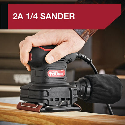 Hyper Tough 2 Amp Corded 1/4-Sheet Palm Sander with Dust Bag, Vacuum Hose Adapter, Punch Plate & 3 Sanding Sheets