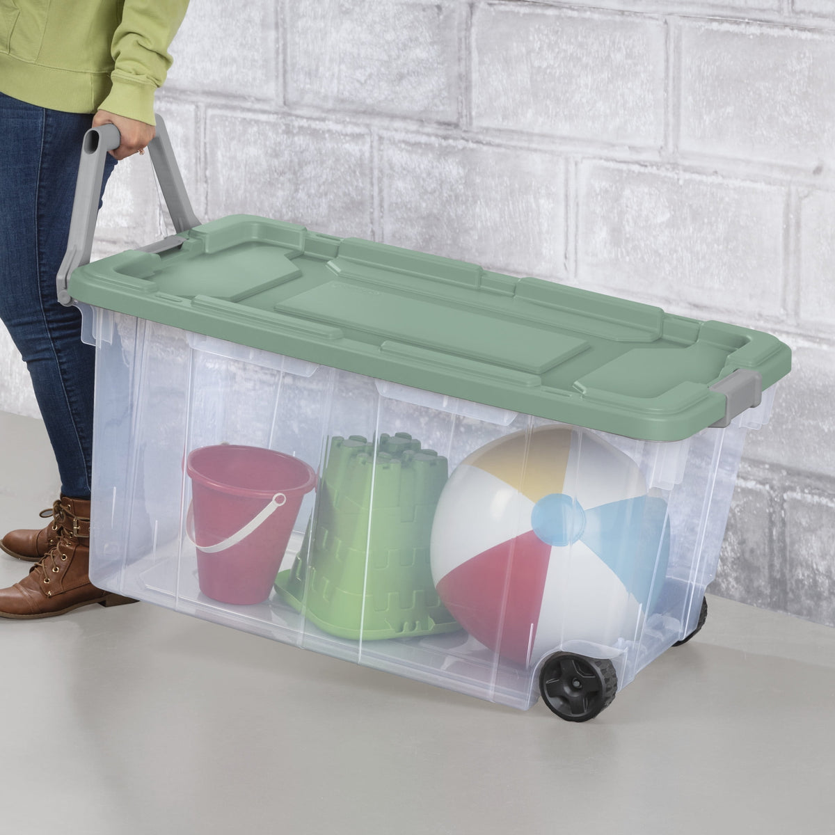 Sterilite Extra-Large Wheeled Rugged Storage Bin, 160 Quart Durable Clear Storage Container with Latching Lid and Pull Handle, Green, 2 Pack