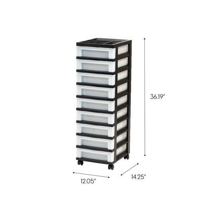 IRIS 9-Drawer Narrow Plastic Storage Drawer Cart with Organizer Top, Black