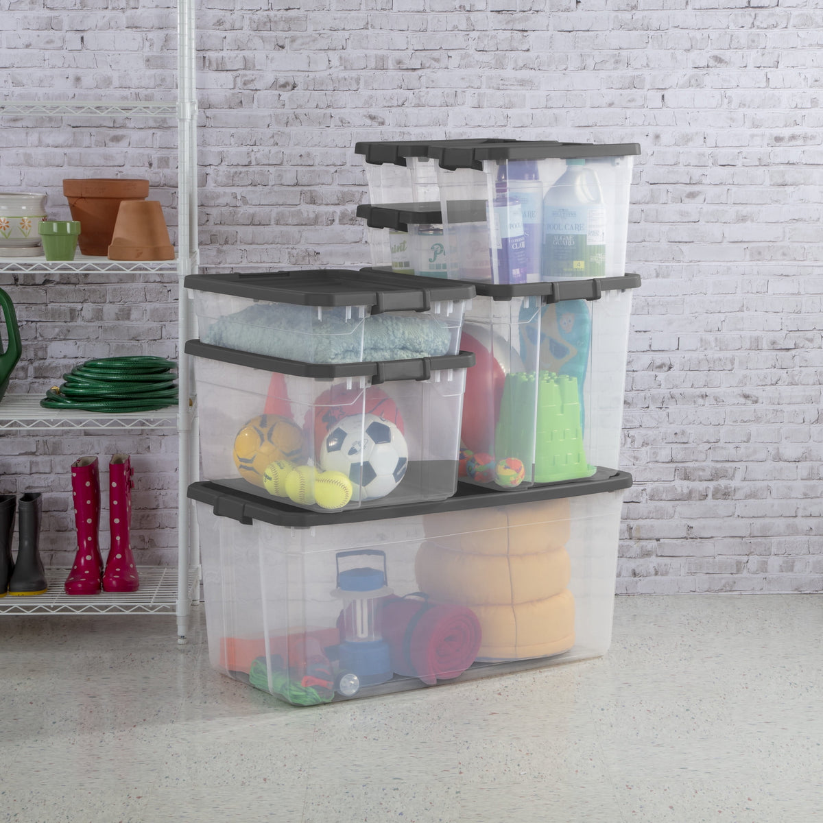 (2 pack) Sterilite 76 Quart Stacker Storage Bin, Clear Plastic Storage Container with Latch Lid, Durable, Dark Gray