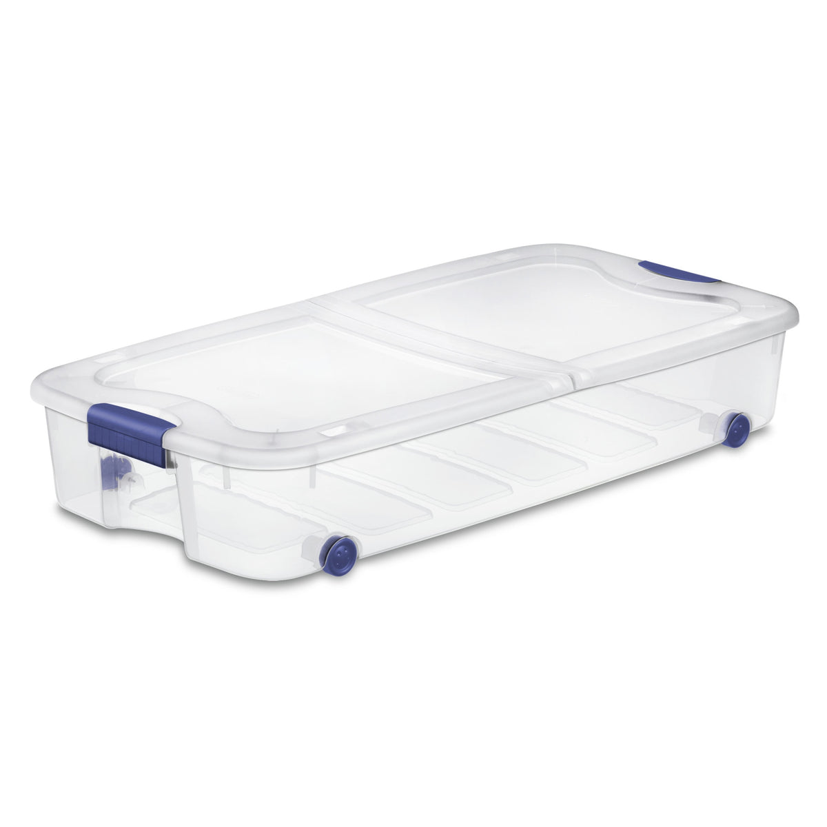 (2 pack) Sterilite 66 Quart Latching Underbed Wheeled Storage Bin, Clear Plastic Storage Container with Latch Lid, Blue