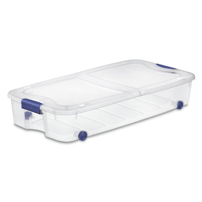(2 pack) Sterilite 66 Quart Latching Underbed Wheeled Storage Bin, Clear Plastic Storage Container with Latch Lid, Blue