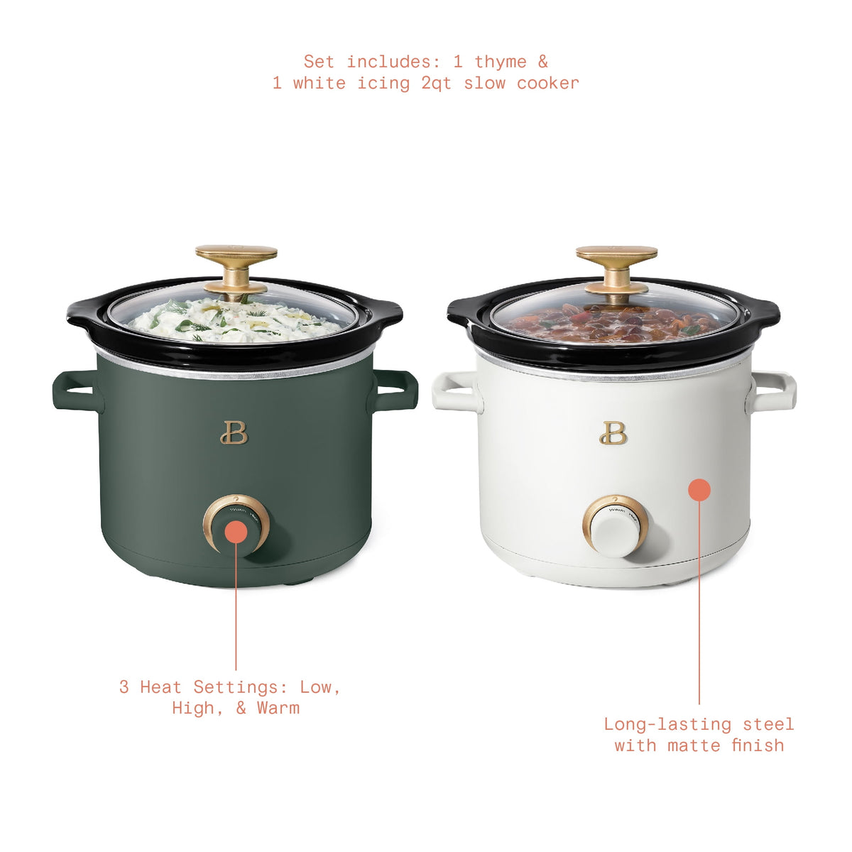 Beautiful 2-Pack 2qt Slow Cooker, Thyme Green, White Icing by Drew Barrymore