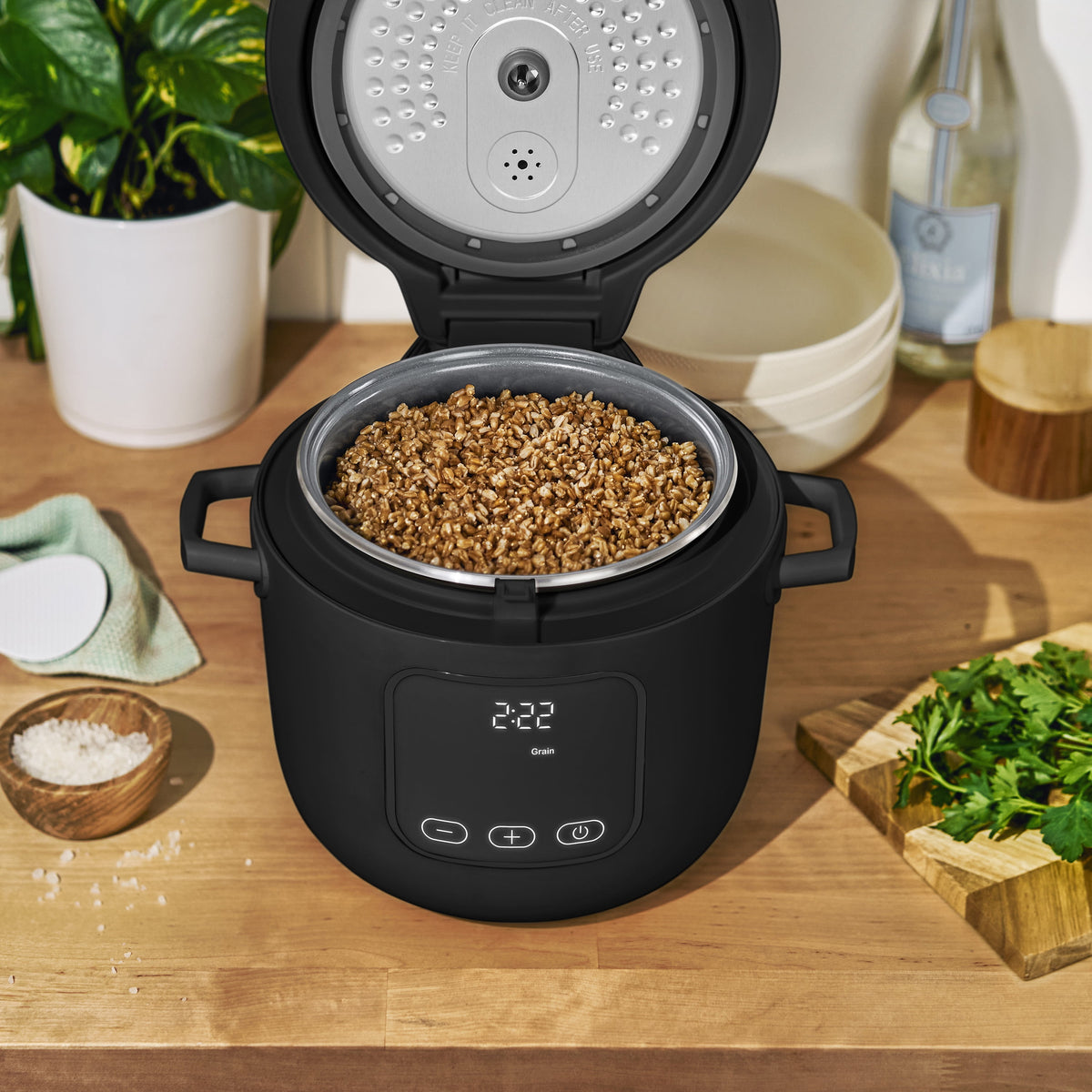 Beautiful 14-Cup Cooked, 6-Cups Uncooked Electric Rice and Grain Cooker, EverGood Ceramic Nonstick Coating, Black Sesame by Drew Barrymore