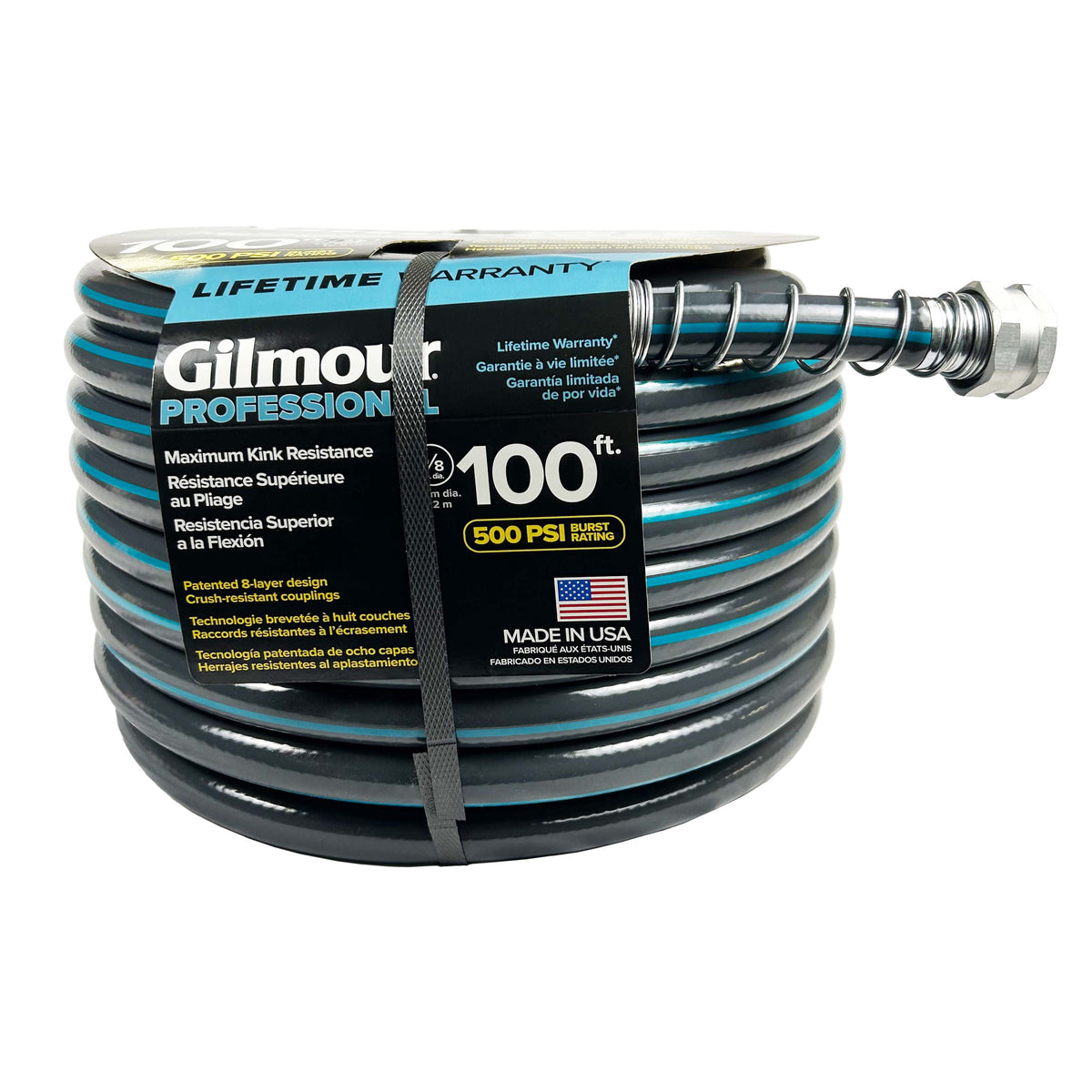 Gilmour Flexogen 100ft Heavy Duty Garden Hose, 5/8" All-Weather Water Hose with Crush-Resistant Aluminum Fittings, 500 PSI Burst Strength, Kink & Leak Resistant, Yellow