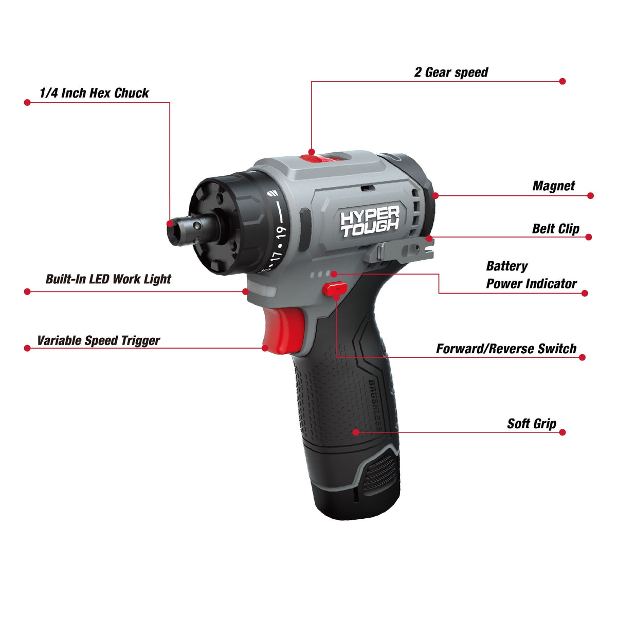 Hyper Tough 12V Max Lithium-Ion 4-in-1 Multi-Head Cordless Power Drill with 2.0Ah Battery and USB-C Charging Cable