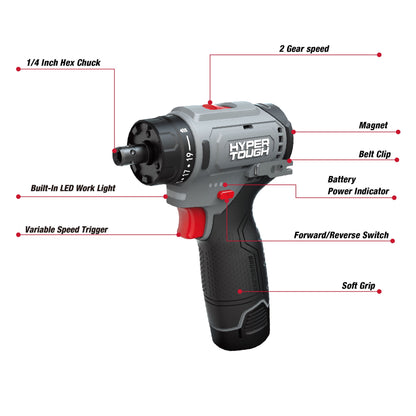 Hyper Tough 12V Max Lithium-Ion 4-in-1 Multi-Head Cordless Power Drill with 2.0Ah Battery and USB-C Charging Cable