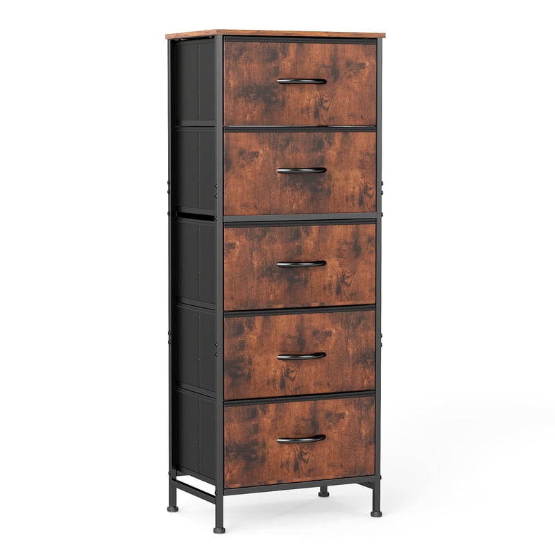 Kelno 5 Drawer Fabric Dresser Steel Frame Storage Chest Organizer with Wood Top, Gray