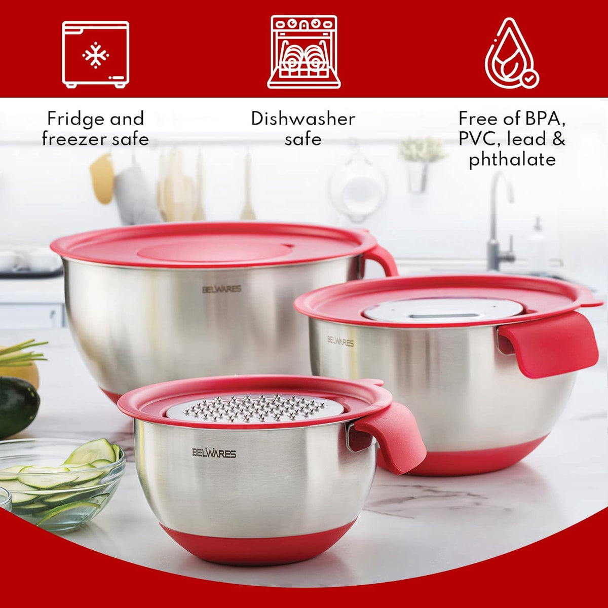 Mixing Bowls with Lids Set of 3, Stainless Steel Nesting Bowls with Red Airtight Lids, Graters, Non-Slip Base and Handles, Bowl Set for Prep, Mixing, and Food Storage