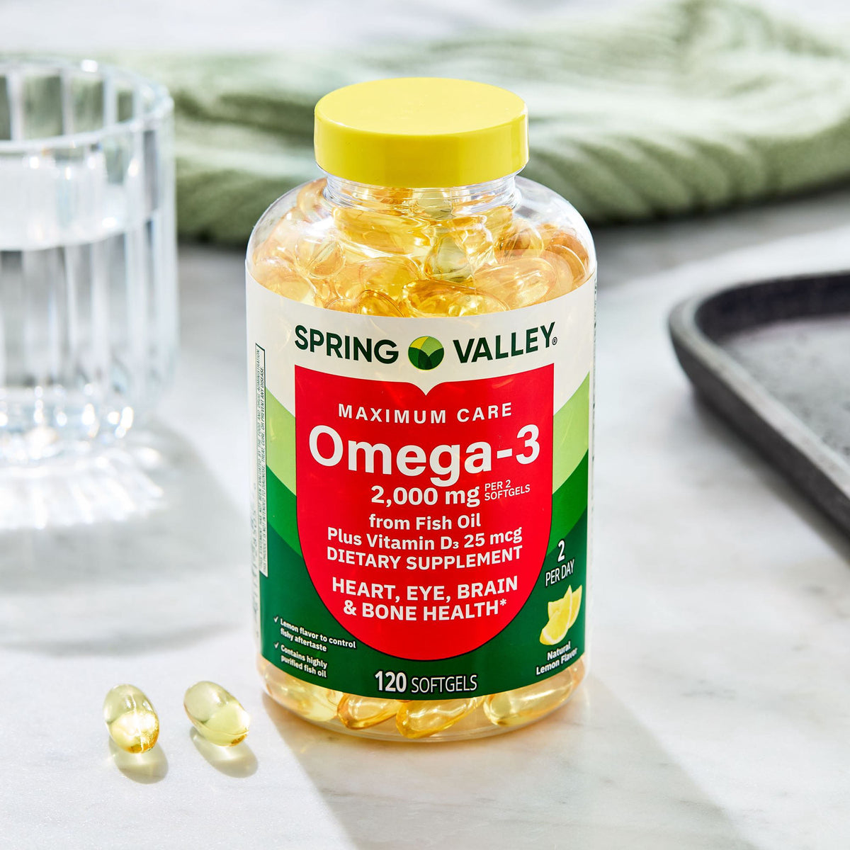 Spring Valley Maximum Care Omega-3 from Fish Oil Dietary Supplement Softgels for Eye Brain Bone & Heart Health, 2000 mg, 120 Count