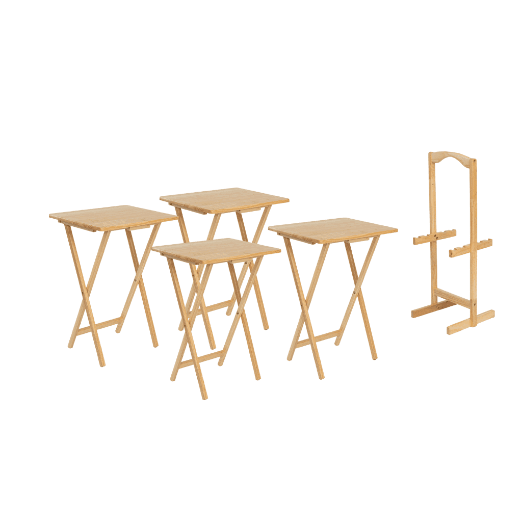 Mainstays 5-Piece Solid Rubberwood Folding TV Tray Set with Storage Rack, Natural