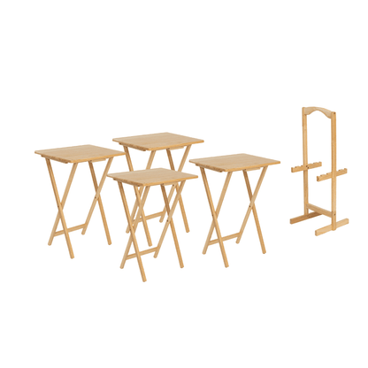 Mainstays 5-Piece Solid Rubberwood Folding TV Tray Set with Storage Rack, Natural