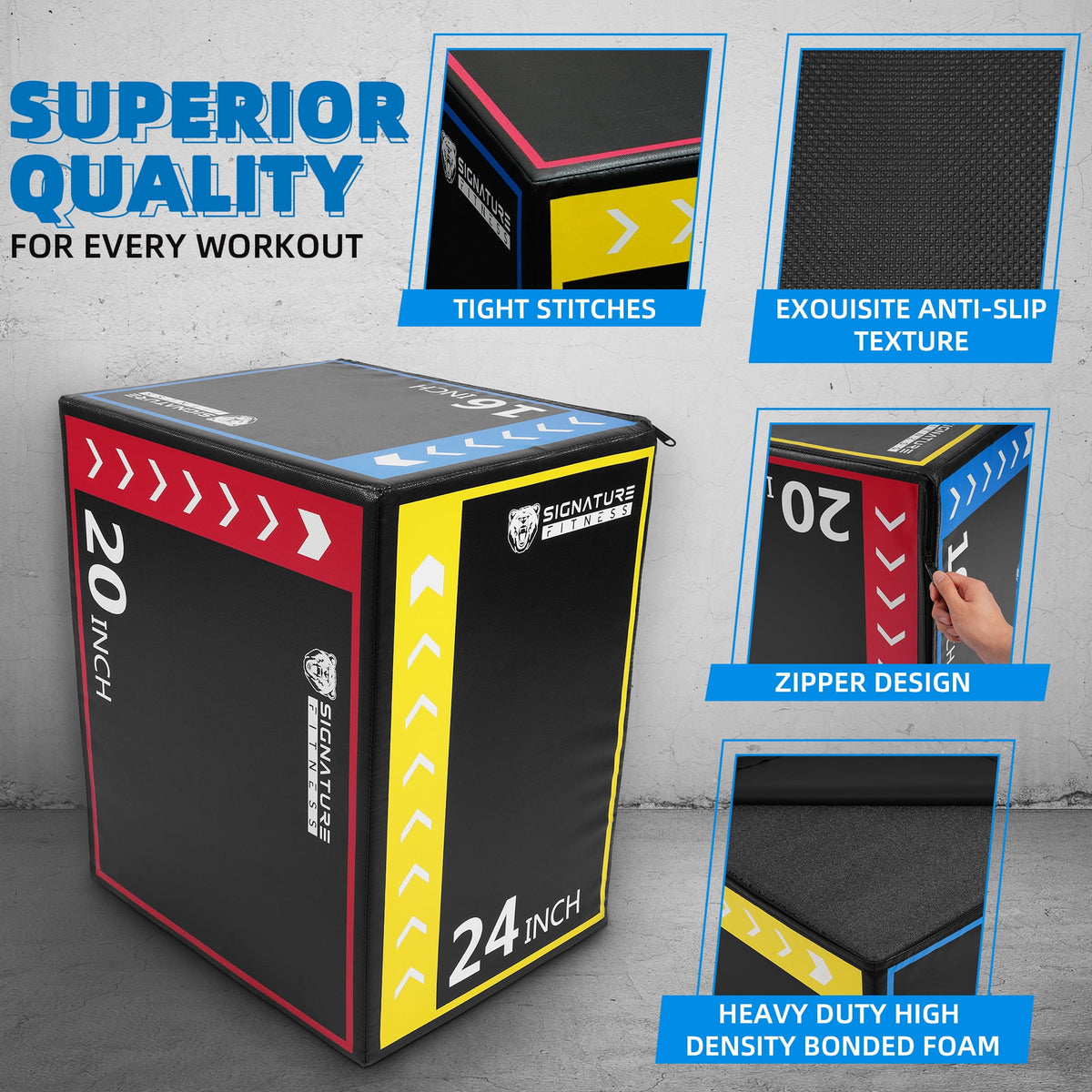 Signature Fitness 3-in-1 Foam Plyometric Jump Box, Adjustable Height 16/20/24 Inch, Anti-Slip Surface, Easy to Clean, for Home Gym Training, Multi-Color