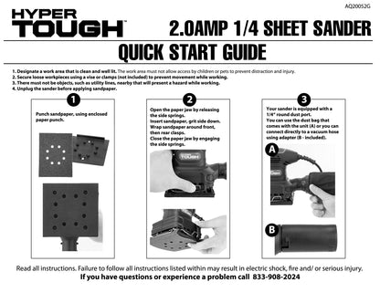 Hyper Tough 2 Amp Corded 1/4-Sheet Palm Sander with Dust Bag, Vacuum Hose Adapter, Punch Plate & 3 Sanding Sheets