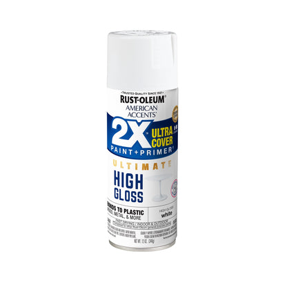 (6 pack) White, Rust-Oleum American Accents Ultra Cover 2X High Gloss Spray Paint-328373, 12 oz