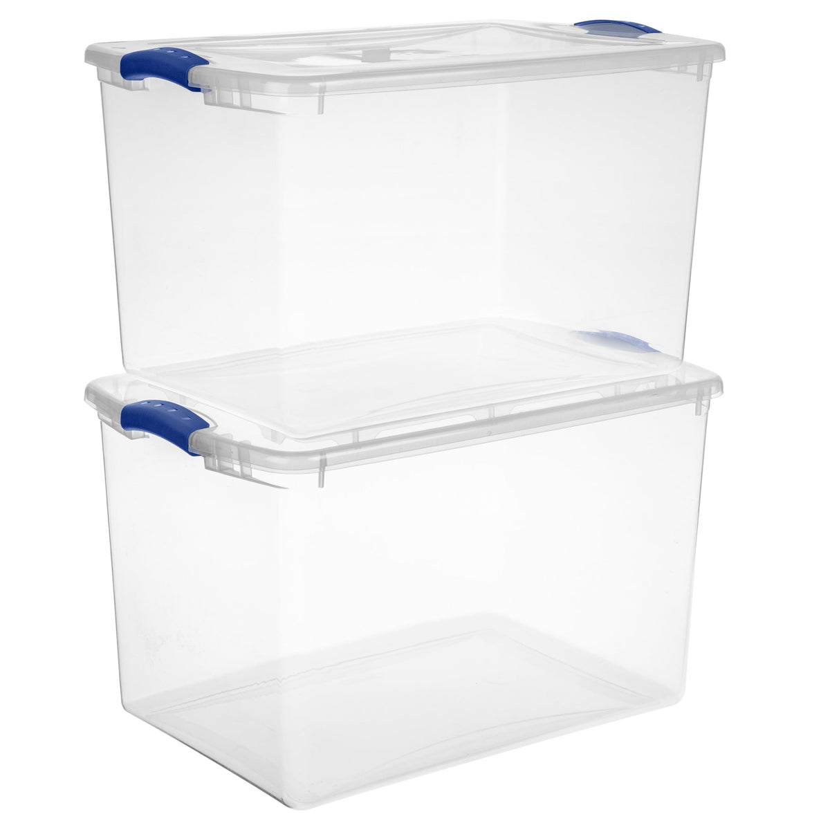 Sterilite Large Latching Storage Bin, 66 Quart Clear Plastic Storage Container with Clear Lid, Blue Latch, 6 Pack