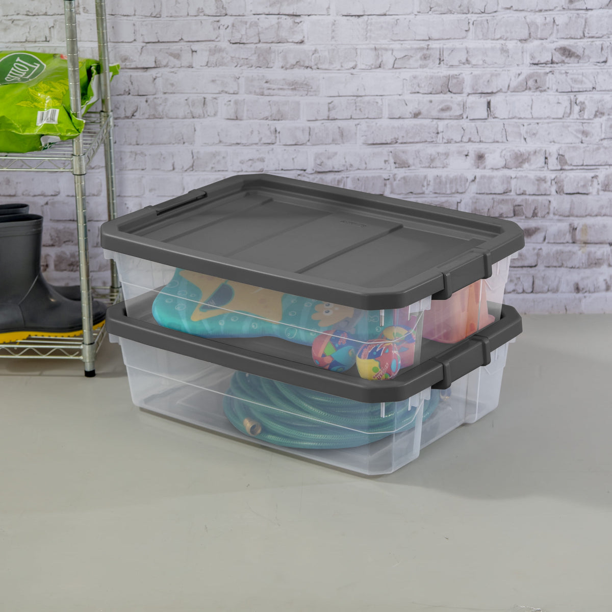 (2 pack) Sterilite 40 Quart Medium Stackable Storage Bin, Clear Plastic Underbed Storage Container with Latch Lid, Dark Gray