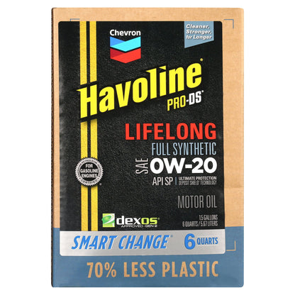 Chevron Havoline Lifelong 0W-20 Full Synthetic Motor Oil, 6 Quarts (Smart Change Box)