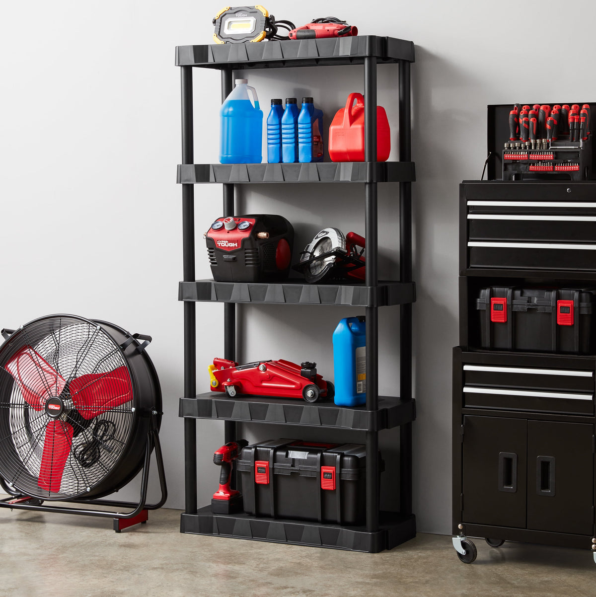 Hyper Tough 5-Tier Black Plastic Shelf Unit, 13.88 in D x 30 in W x 68.8 in H, 350 lb Capacity
