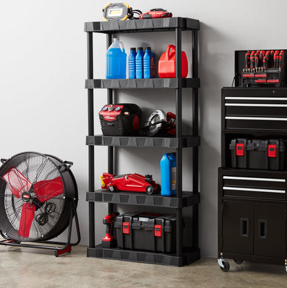 Hyper Tough 5-Tier Black Plastic Shelf Unit, 13.88 in D x 30 in W x 68.8 in H, 350 lb Capacity