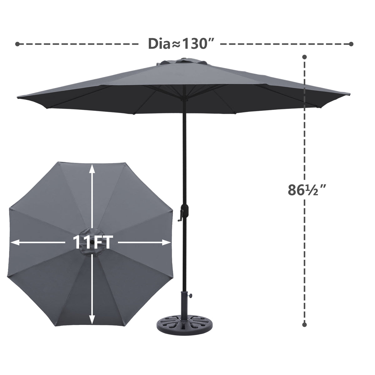 Kool 11FT Outdoor Patio Umbrella with Crank Handle, Market Umbrella with 8 Sturdy Umbrella Ribs, Waterproof for Garden Deck Backyard Pool, Dark Gray