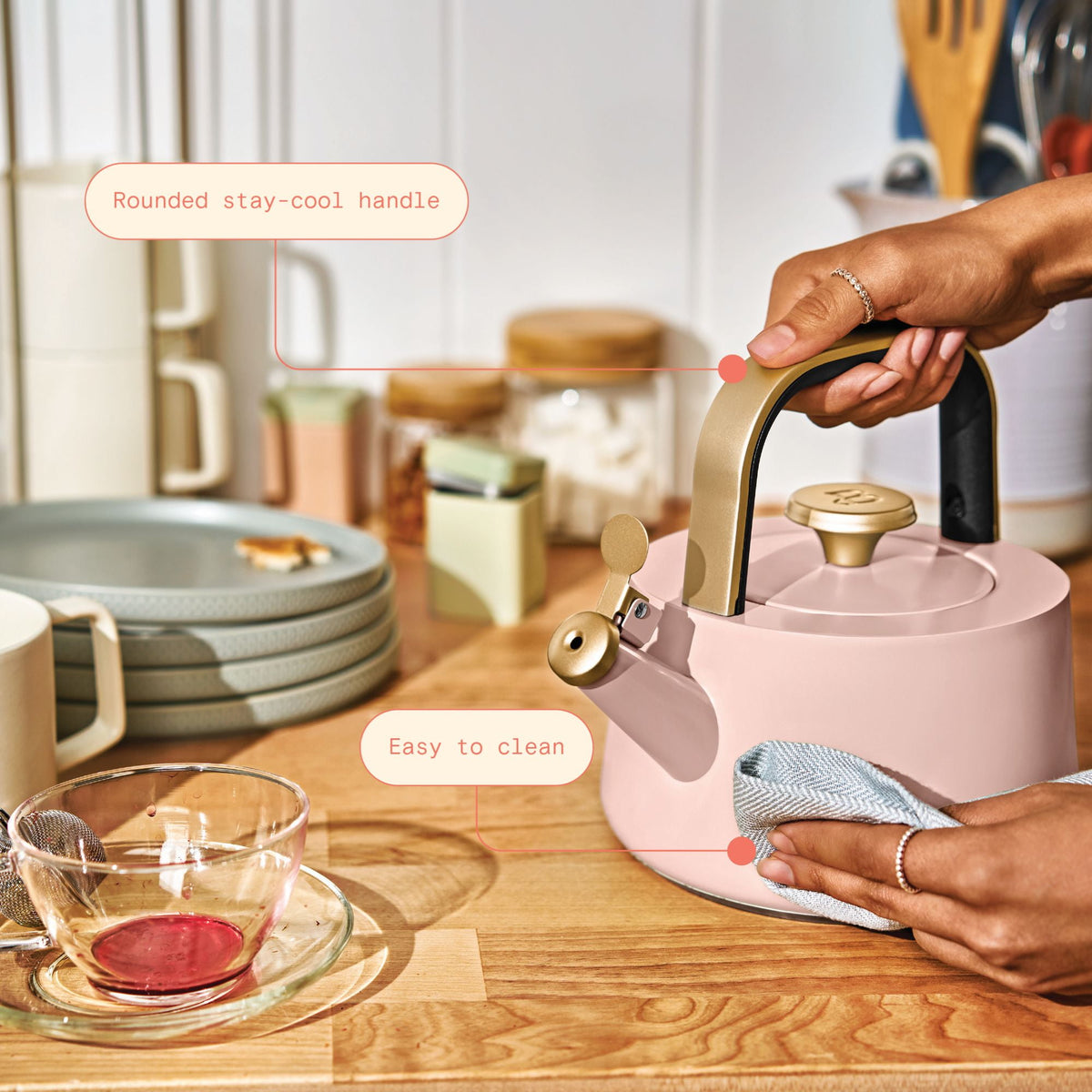 Beautiful by Drew Barrymore 1.8 L Ceramic-Coated Stovetop Tea Kettle, Rose