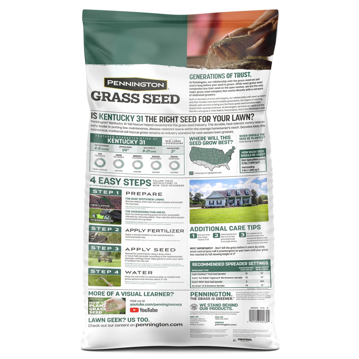 Pennington Kentucky 31 Tall Fescue Grass Seeds for Lawn, for Sun to Partial Shade, 20 lb