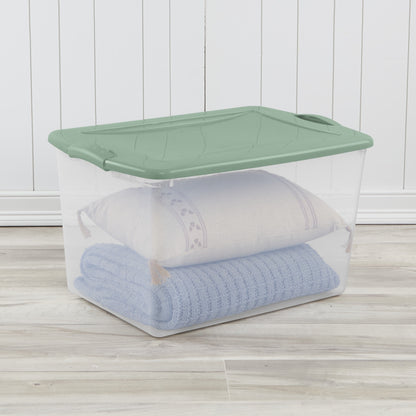 Sterilite Large Latching Storage Bin, 66 Quart Clear Plastic Storage Container with Latch Lid, Green Sage, 6 Pack