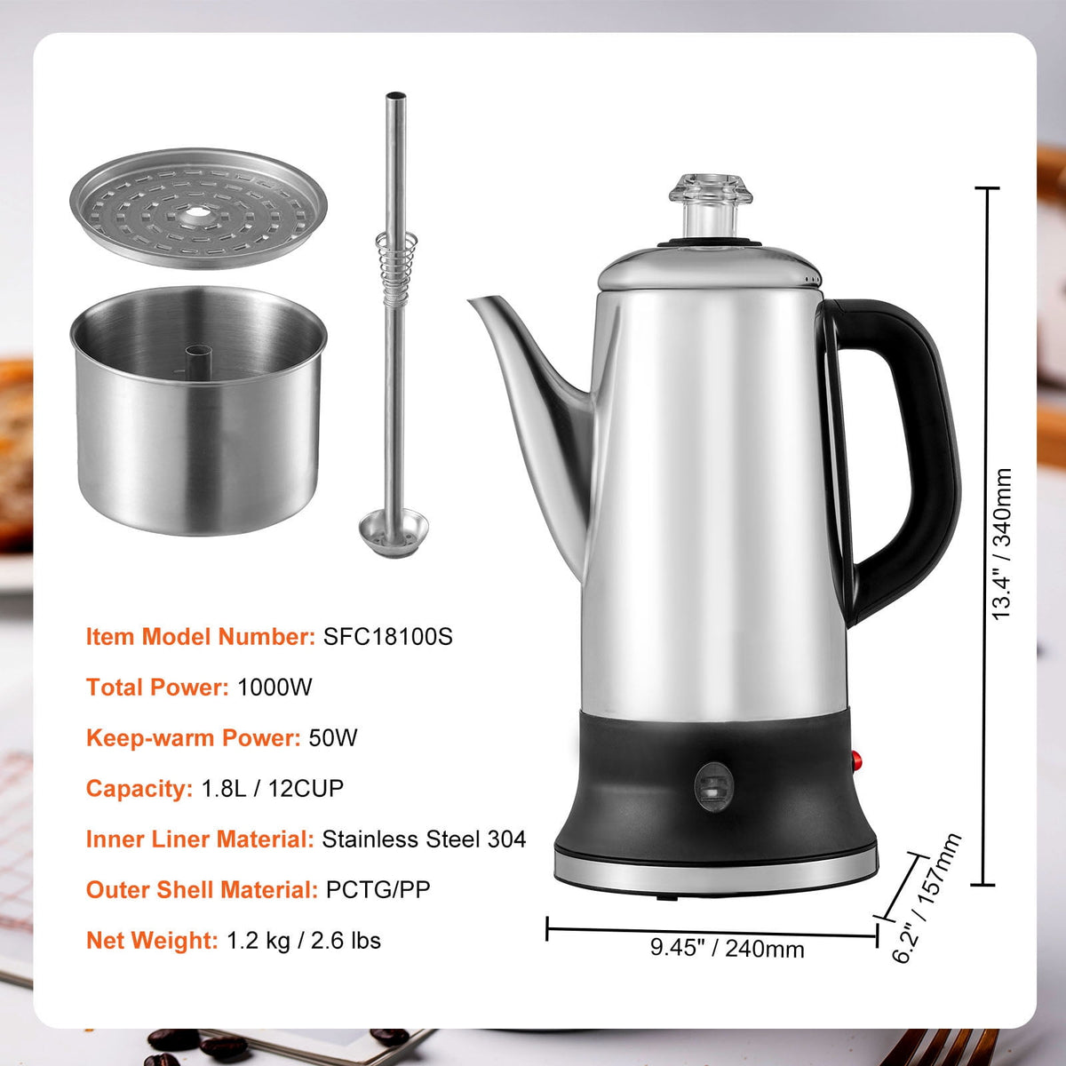 KFFKFF 12-Cup Electric Percolator Coffee Pot Stainless Steel Coffee Maker Silver