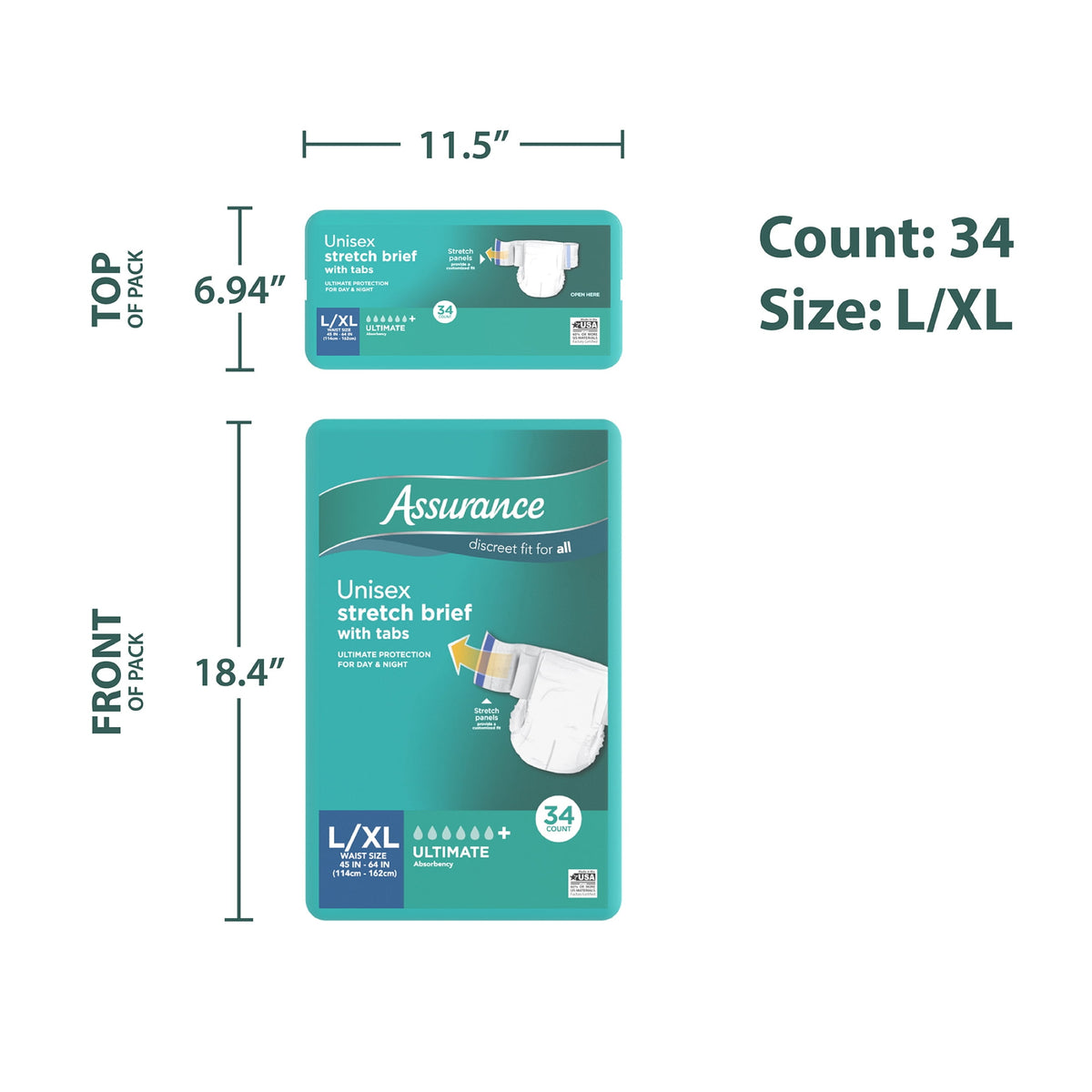 (2 pack) Assurance Unisex Stretch Briefs with Tabs, L/XL, 34 Count