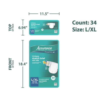 (2 pack) Assurance Unisex Stretch Briefs with Tabs, L/XL, 34 Count