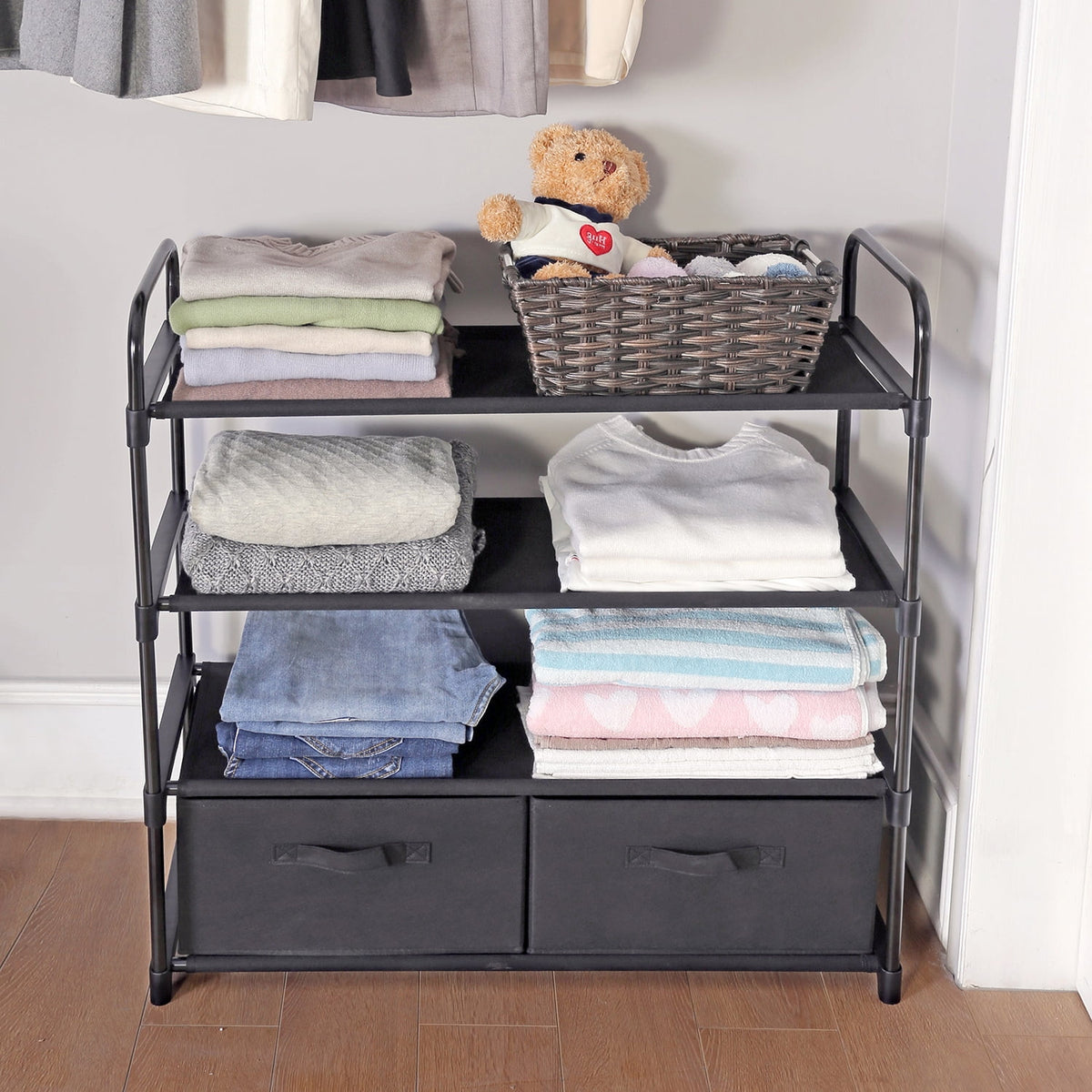 Mainstays 4-Shelf Closet Organizer with 2 Fabric Bins, Black, Metal Frame