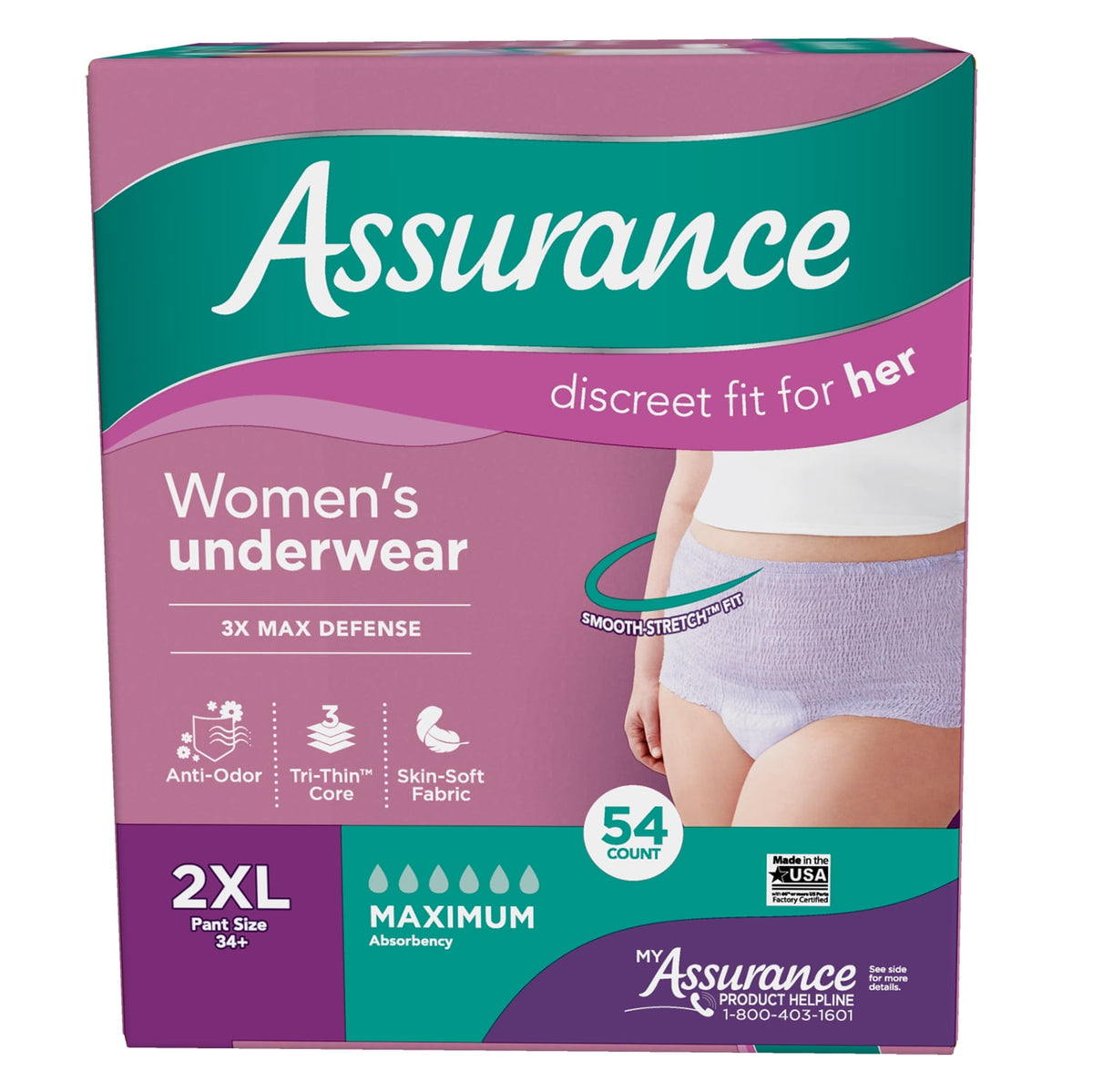 Assurance Women's Incontinence and Postpartum Underwear, XXL, Maximum Absorbency, 54 Count