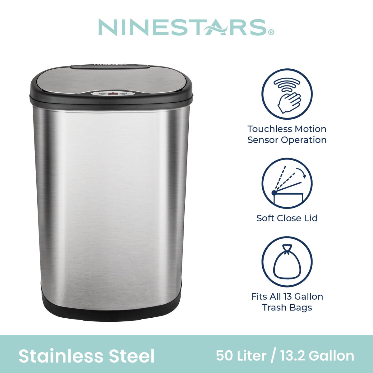 Nine Stars Automatic Kitchen Trash Can, 13.2 Gallon Stainless Steel, Motion Sensor Hands free Soft Close Lid Garbage Bin, Silver