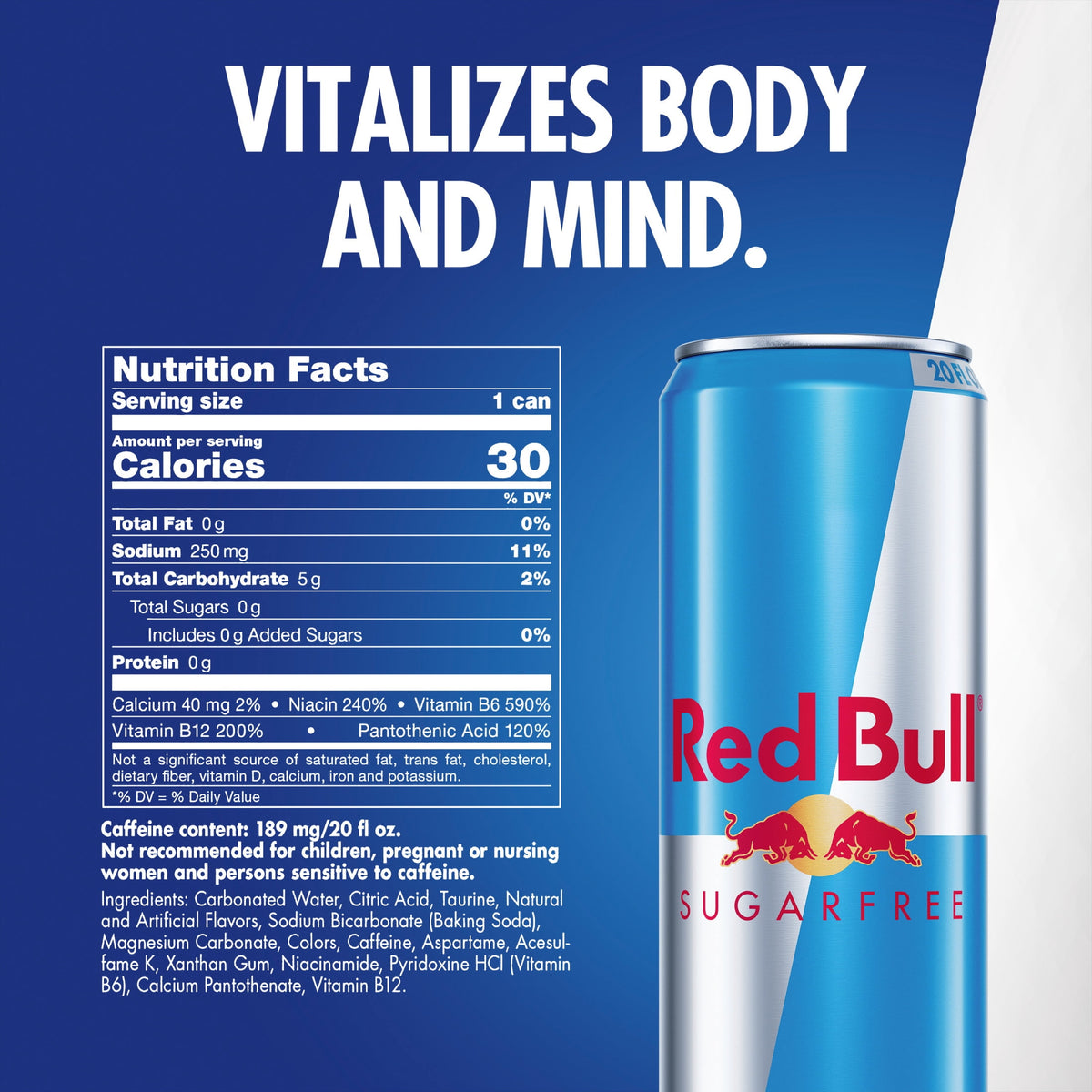 Red Bull Sugarfree Energy Drink, 20 fl. oz., Pack of 12 Cans, 189mg Caffeine, Taurine & B Vitamins