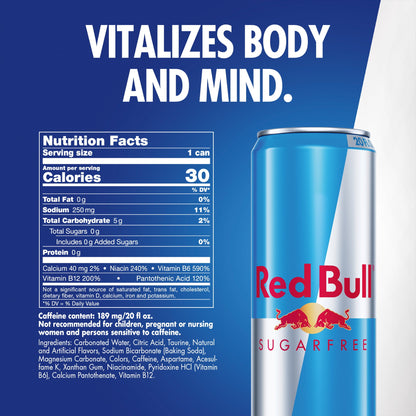 Red Bull Sugarfree Energy Drink, 20 fl. oz., Pack of 12 Cans, 189mg Caffeine, Taurine & B Vitamins