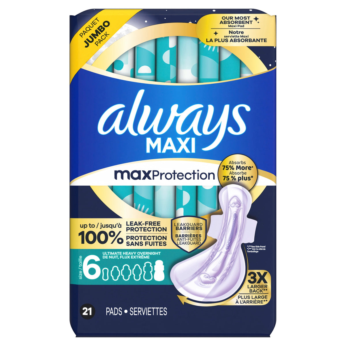 (4 pack) Always Maxi Overnight Pads with Wings, Size 6, 21