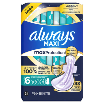 (4 pack) Always Maxi Overnight Pads with Wings, Size 6, 21