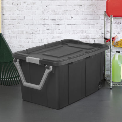 Sterilite Extra-Large Wheeled Industrial Storage Bin, 40 Gallon Durable Plastic Storage Tote with Latching Lid and Pull Handle, Dark Gray, 2 Pack