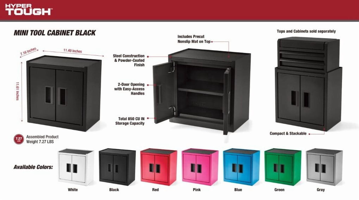 Hyper Tough Mini Tool Cabinet, 11.6 in, Steel, Black, Double Doors, Non-Slip Top Mat
