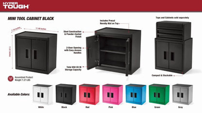 Hyper Tough Mini Tool Cabinet, 11.6 in, Steel, Black, Double Doors, Non-Slip Top Mat