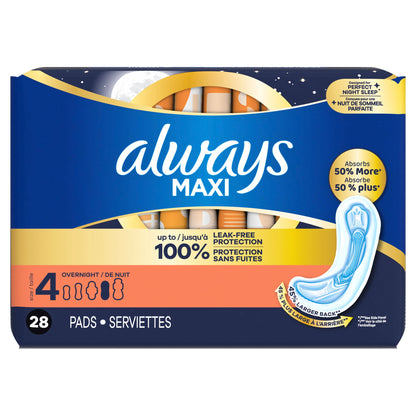 (6 pack) Always Maxi Pads without Wings, Size 4, Overnight Absorbency, 28 count