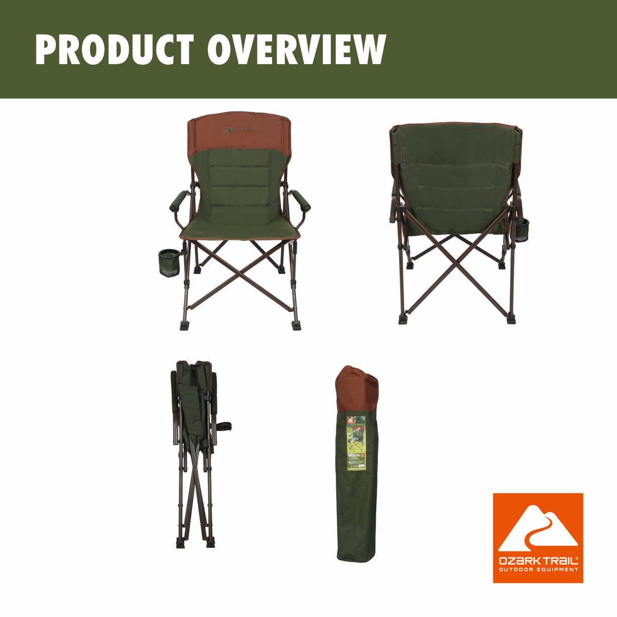 Ozark Trail Heavy Duty Hard Arm Camp Chair, Adjustable Cupholder, Tensioned Seat Fabric, Brown