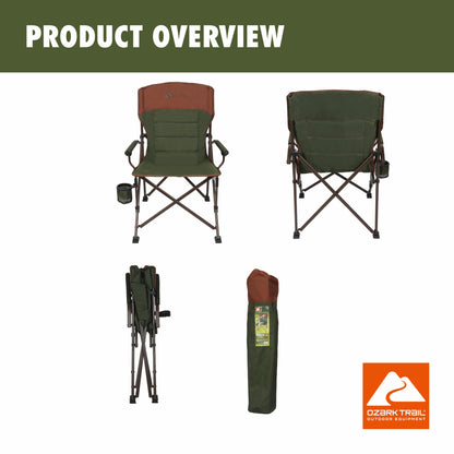 Ozark Trail Heavy Duty Hard Arm Camp Chair, Adjustable Cupholder, Tensioned Seat Fabric, Brown