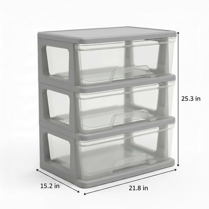 Starplast 3-Drawer Organization Tower Wide Storage Cart, Silver Plastic