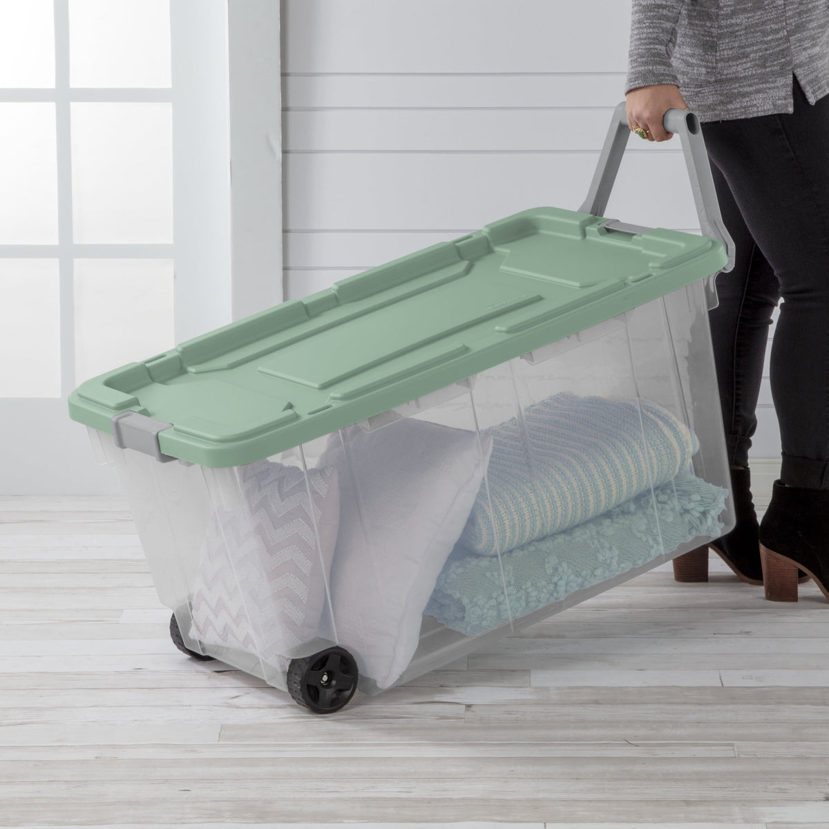 Sterilite Extra-Large Wheeled Rugged Storage Bin, 160 Quart Durable Clear Storage Container with Latching Lid and Pull Handle, Green, 2 Pack