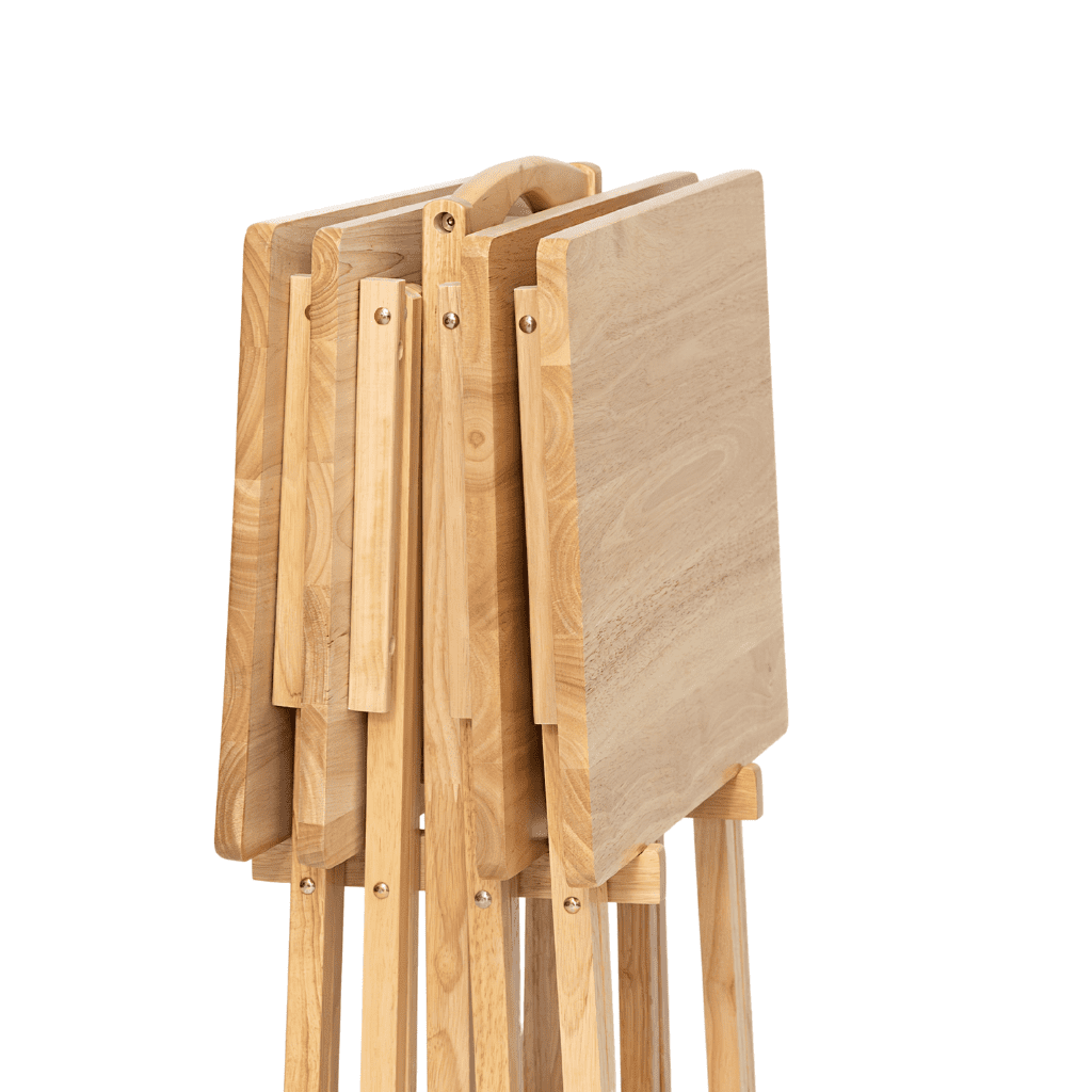Mainstays 5-Piece Solid Rubberwood Folding TV Tray Set with Storage Rack, Natural