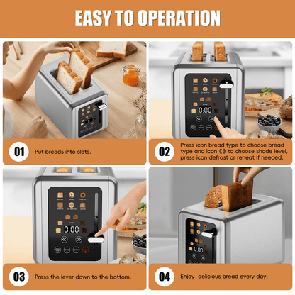 WHALLULTRA Touchscreen Toaster 2 Slice, Stainless Steel, 1.5 " Wide Slots, Bagel, Defrost, 850W