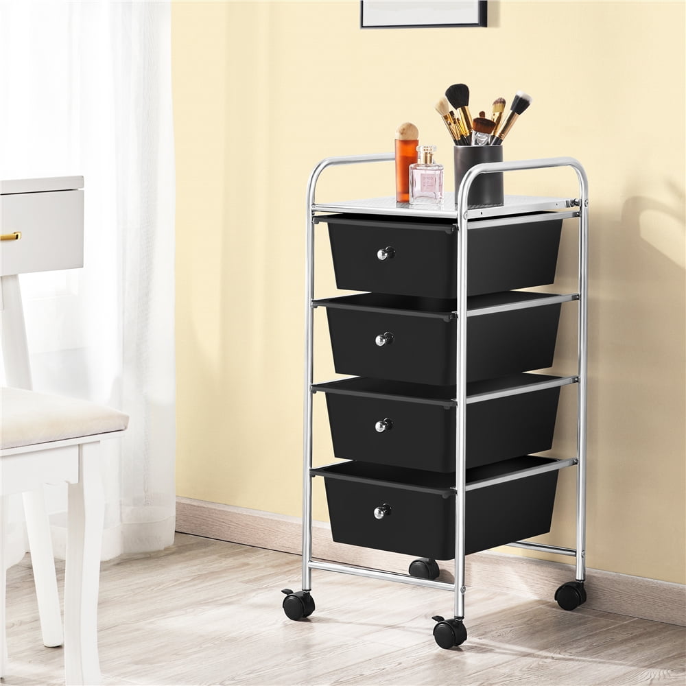 Renwick Rolling Trolley Storage Cart Bin with 4 Plastic Drawers on Wheels, Black