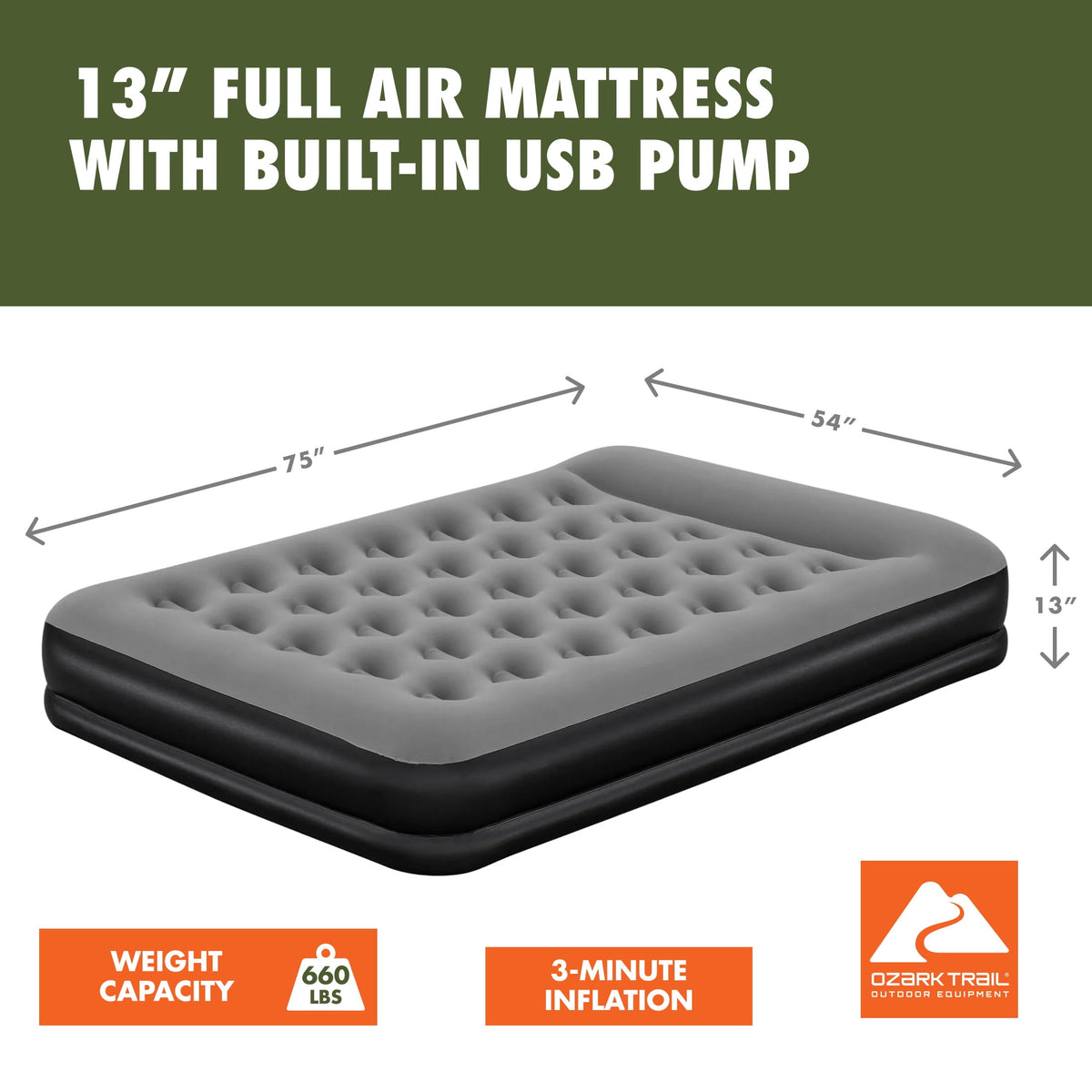 Ozark Trail 13 in Full Air Mattress with Built-In USB Pump